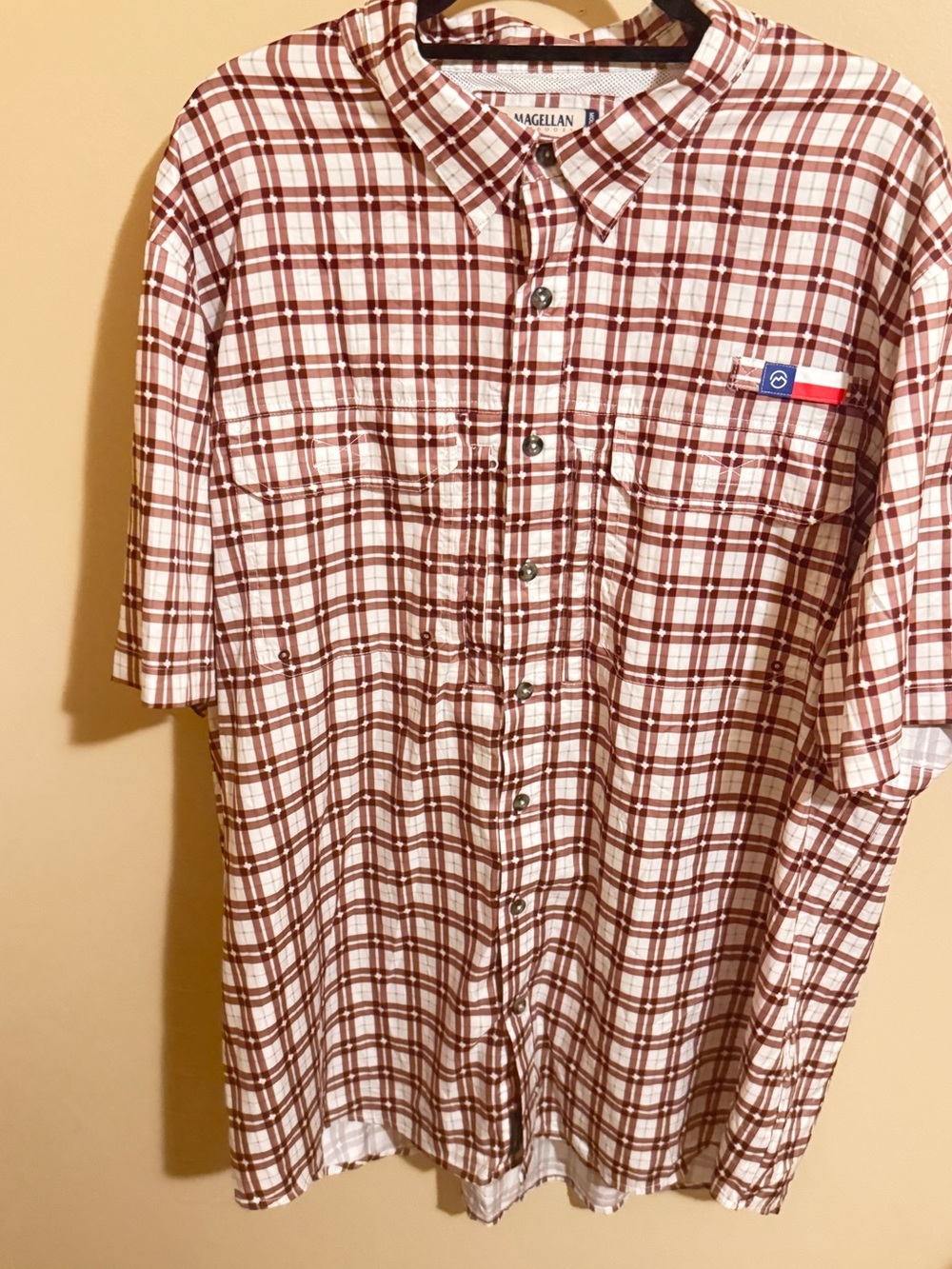 Magellan Outdoors Brown and White Plaid Short-Sleeve Button-Down Shirt